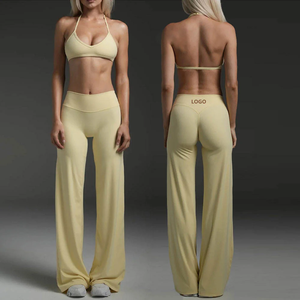 New Custom Women Gym Set 2-Piece Fitness Sexy Adjustable Halter Backless Running Crop Top Sports Bra & Loose Flare Leggings Set