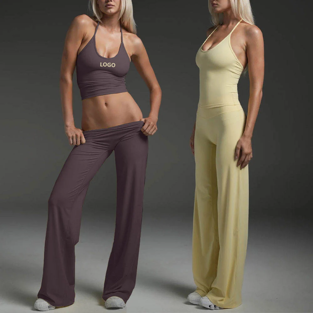 New Custom Women Gym Set 2-Piece Fitness Sexy Adjustable Halter Backless Running Crop Top Sports Bra & Loose Flare Leggings Set