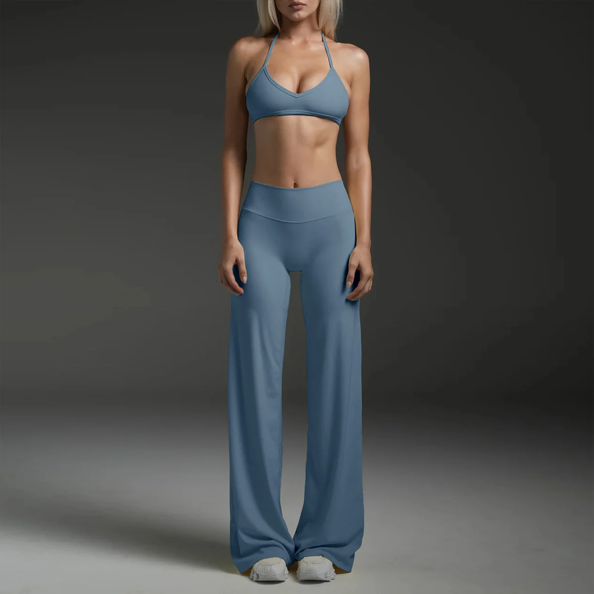 New Custom Women Gym Set 2-Piece Fitness Sexy Adjustable Halter Backless Running Crop Top Sports Bra & Loose Flare Leggings Set