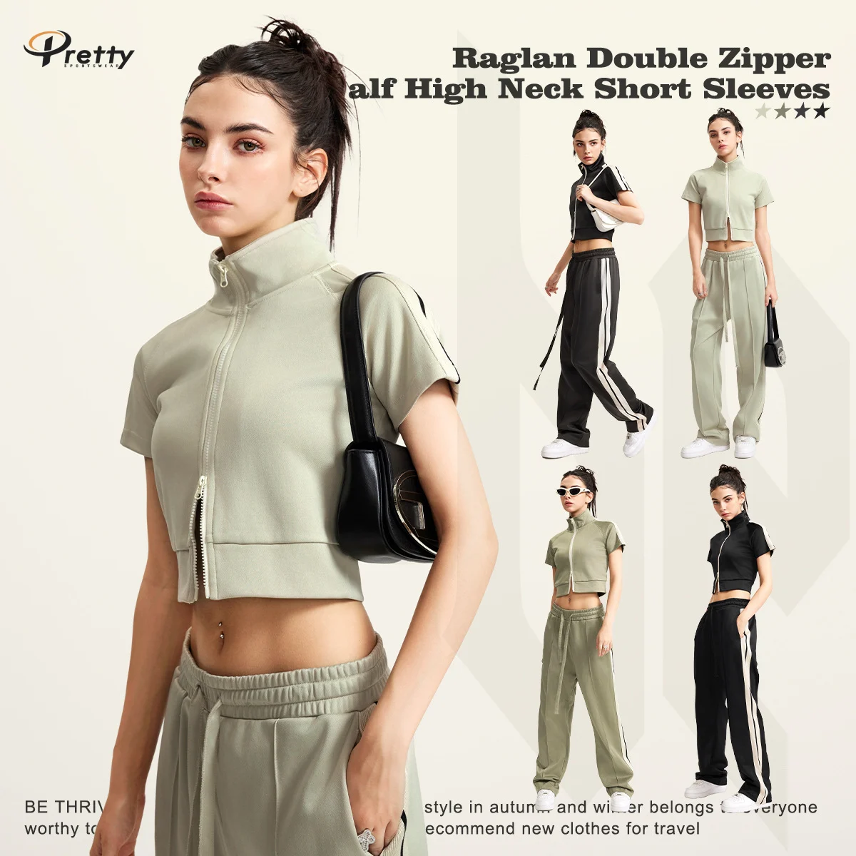 Women's Clothing Spring Summer Sports Color Block T-Shirt Women Raglan Half High Neck Hot Girl Cardigan Zipper Sports Set