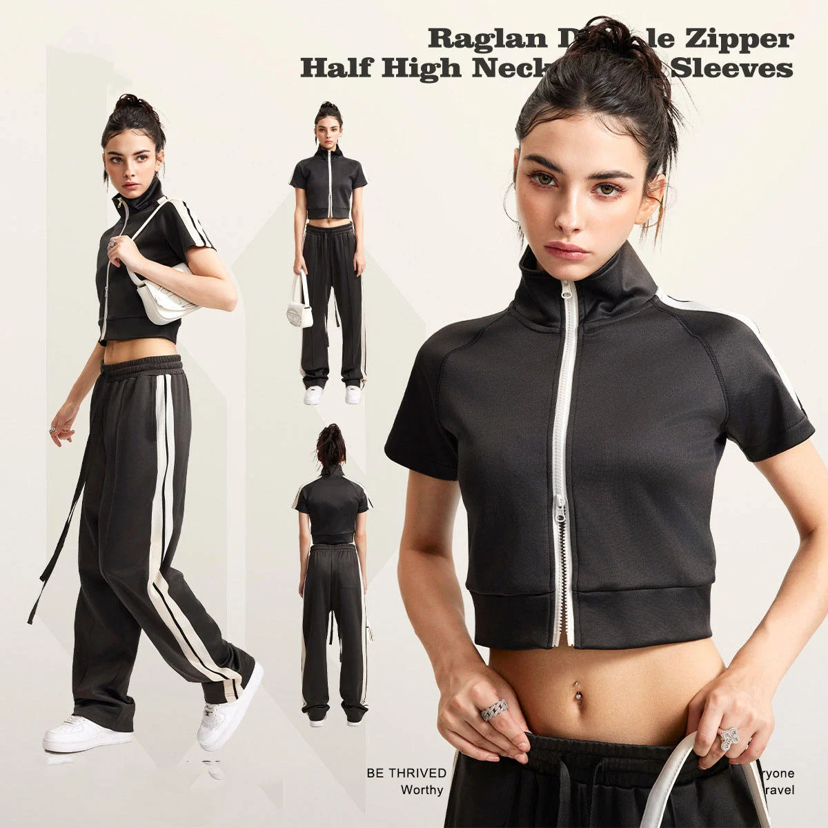 Women's Clothing Spring Summer Sports Color Block T-Shirt Women Raglan Half High Neck Hot Girl Cardigan Zipper Sports Set