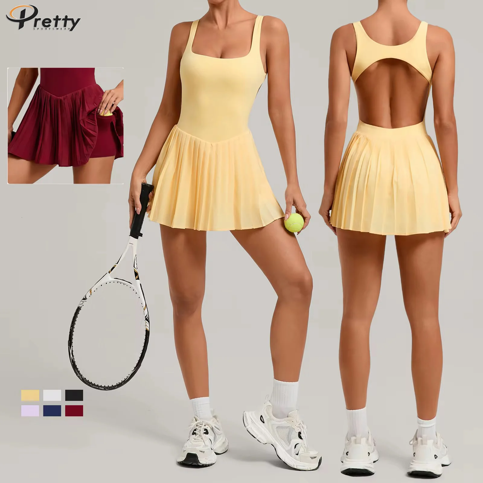 Plus Size Custom LOGO Gym Fitness Wear Womens Clothing Open Back Pleated Skirt Workout Golf Tennis Dress for Women Sportswear