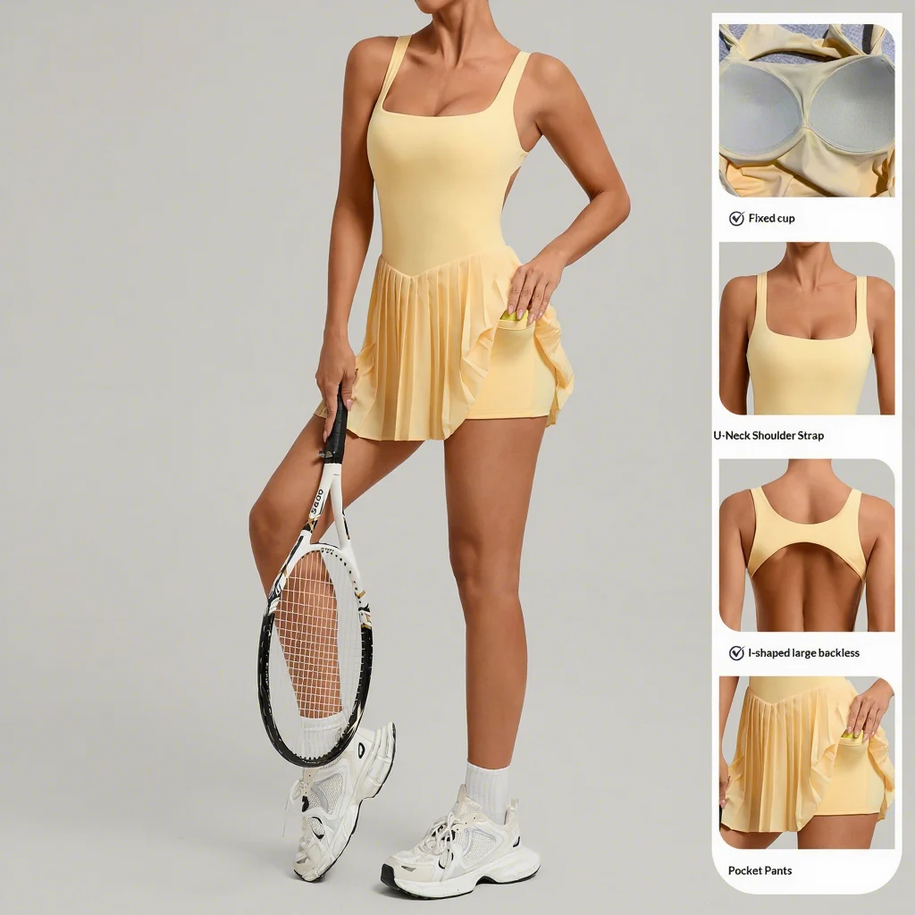 Plus Size Custom LOGO Gym Fitness Wear Womens Clothing Open Back Pleated Skirt Workout Golf Tennis Dress for Women Sportswear