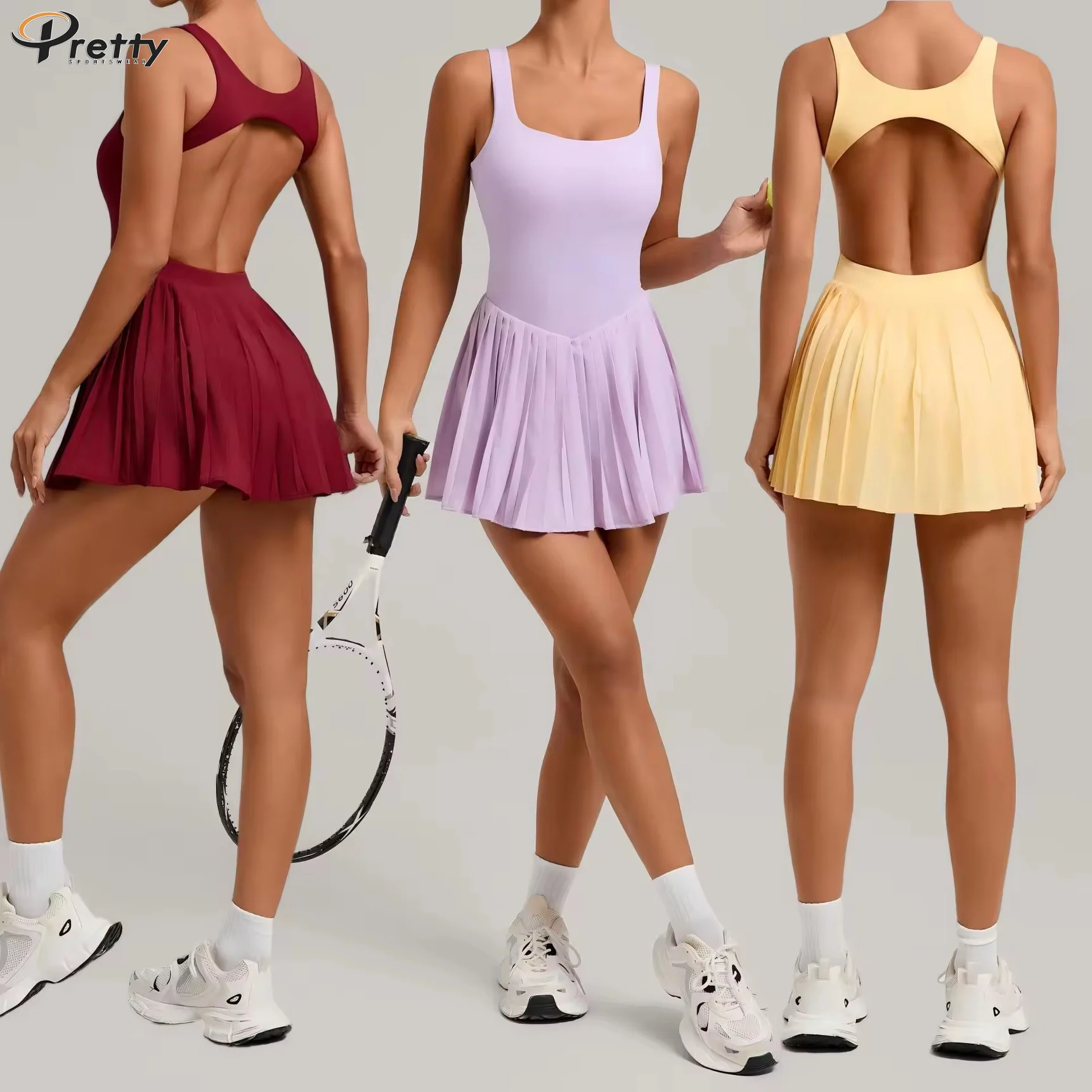 Plus Size Custom LOGO Gym Fitness Wear Womens Clothing Open Back Pleated Skirt Workout Golf Tennis Dress for Women Sportswear