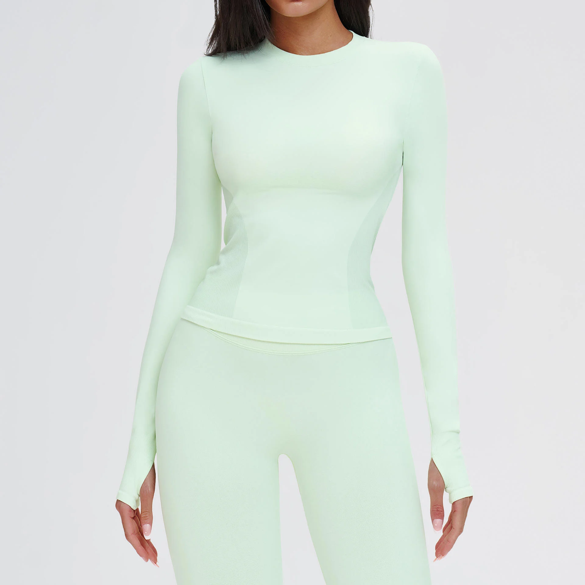 Women's Seamless Long Sleeve Top Elastic Breathable Outdoor Running Sports Top Round Neck Comfortable Women's Clothing