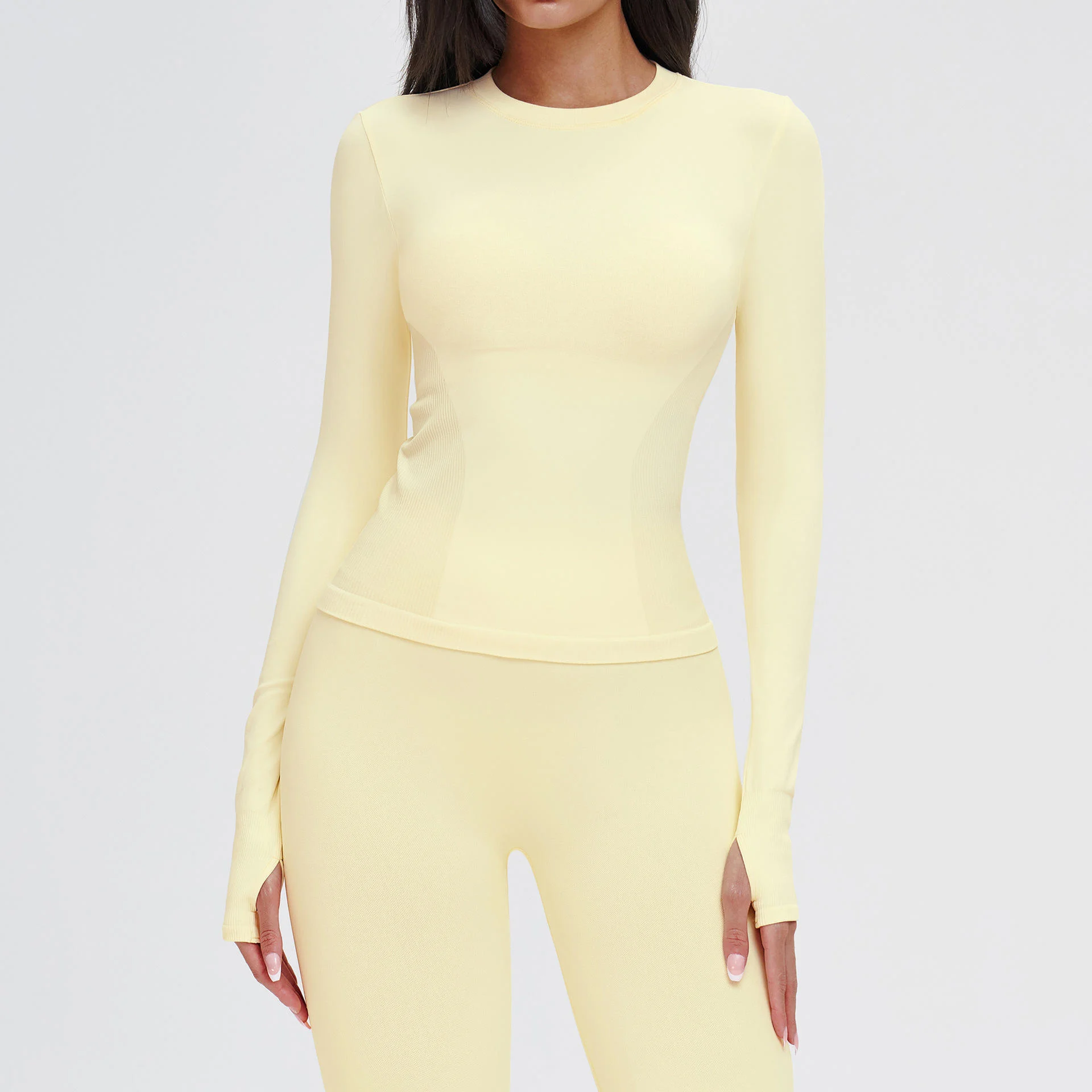 Women's Seamless Long Sleeve Top Elastic Breathable Outdoor Running Sports Top Round Neck Comfortable Women's Clothing