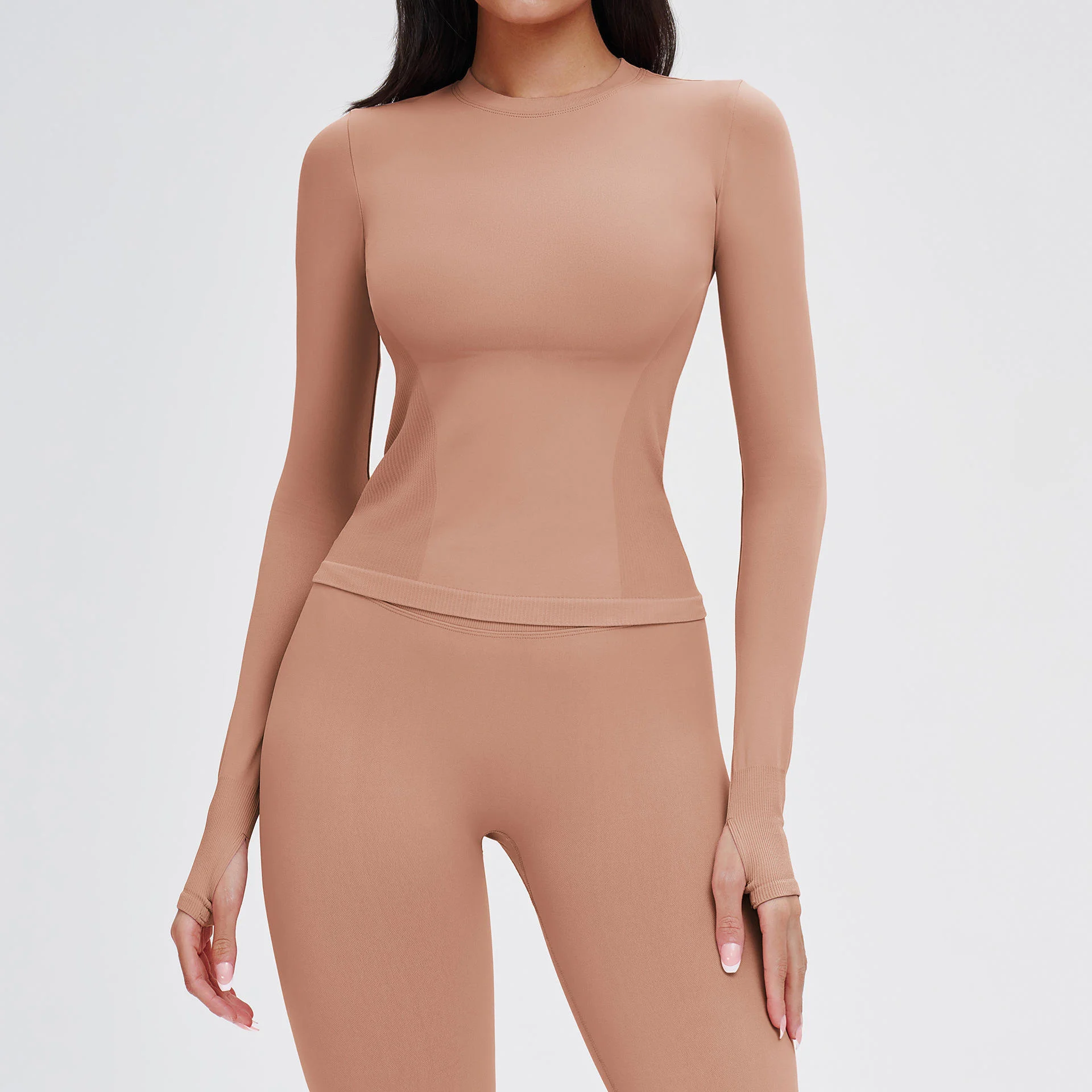 Women's Seamless Long Sleeve Top Elastic Breathable Outdoor Running Sports Top Round Neck Comfortable Women's Clothing