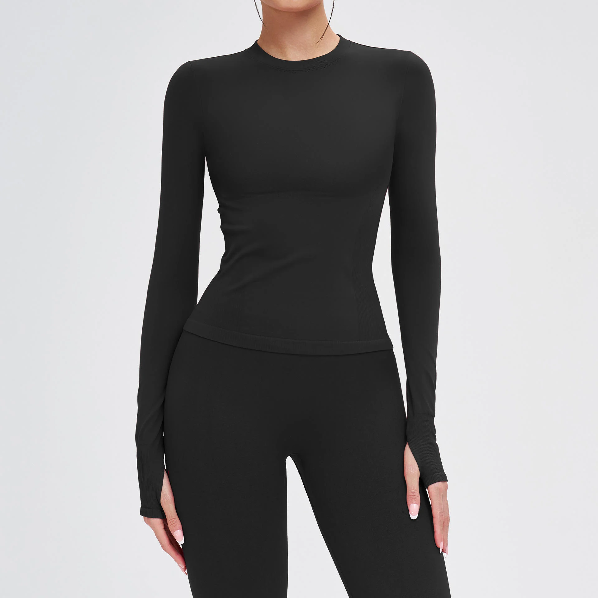 Women's Seamless Long Sleeve Top Elastic Breathable Outdoor Running Sports Top Round Neck Comfortable Women's Clothing