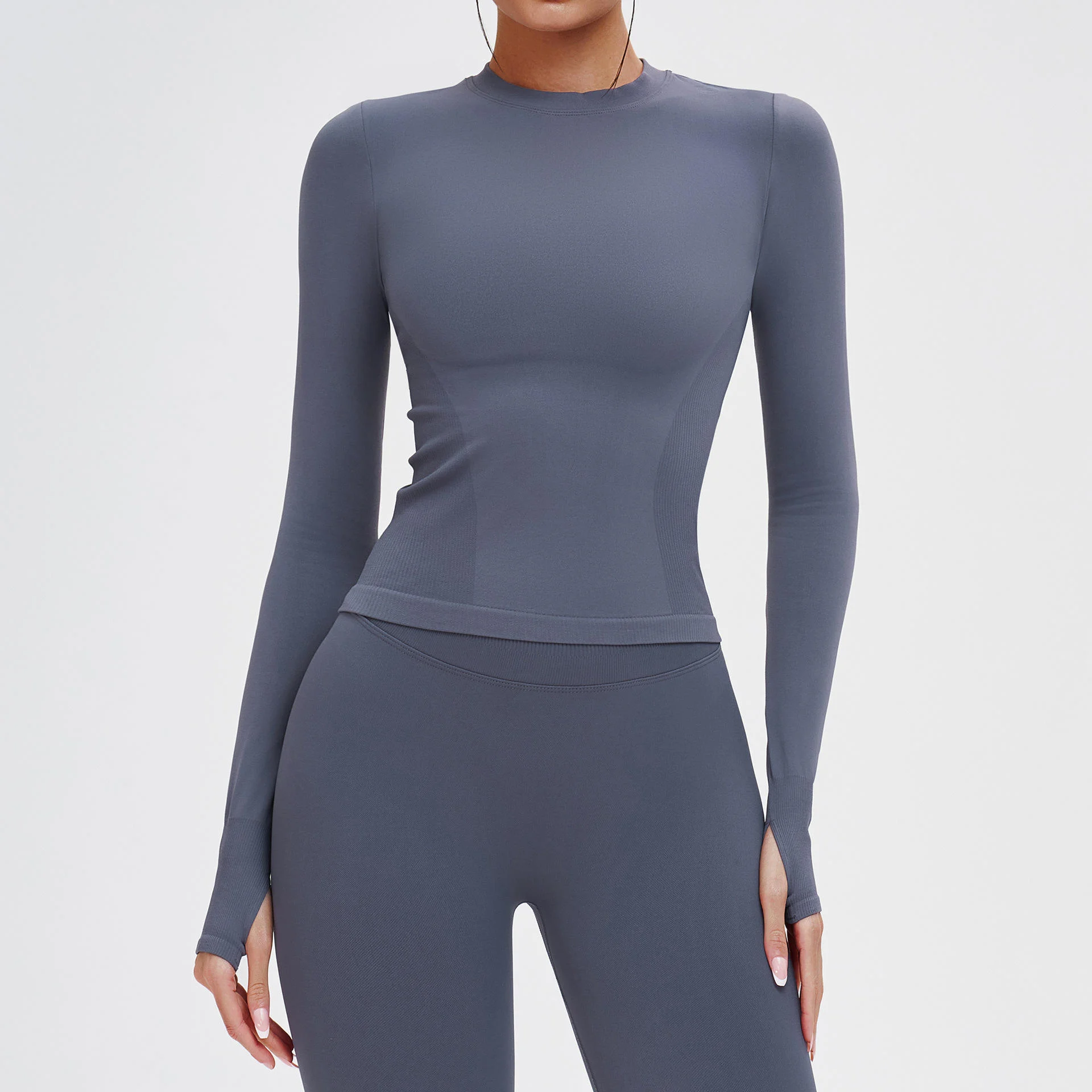 Women's Seamless Long Sleeve Top Elastic Breathable Outdoor Running Sports Top Round Neck Comfortable Women's Clothing