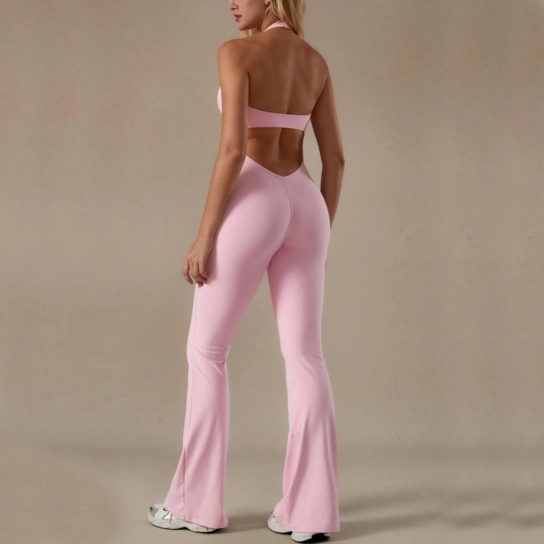 Custom Womens Clothing V-neck Lace One-piece Yoga Outfit Back-flattering Tight Quick-drying Sports Jumpsuit with Flared Pants
