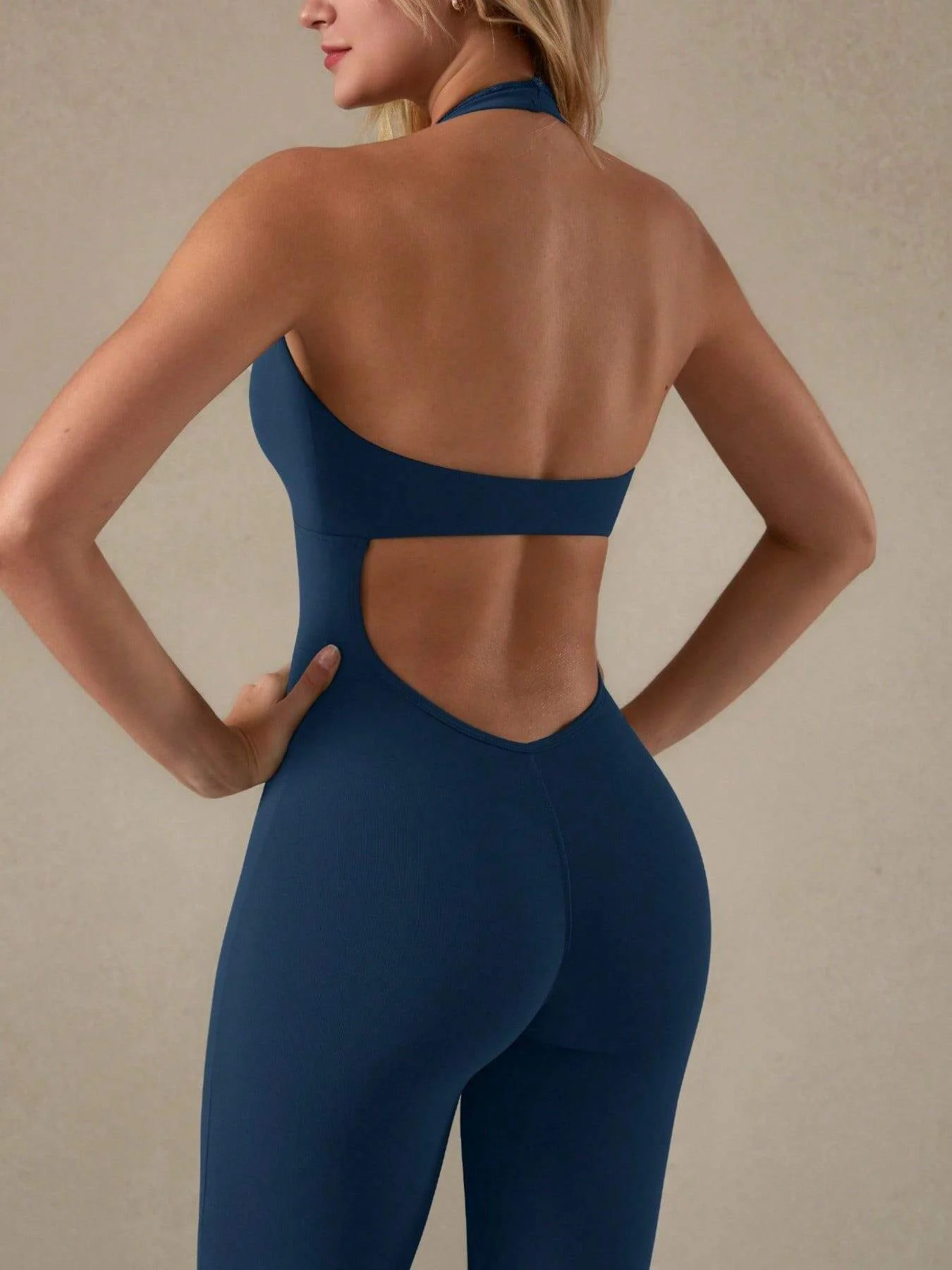 Custom Womens Clothing V-neck Lace One-piece Yoga Outfit Back-flattering Tight Quick-drying Sports Jumpsuit with Flared Pants