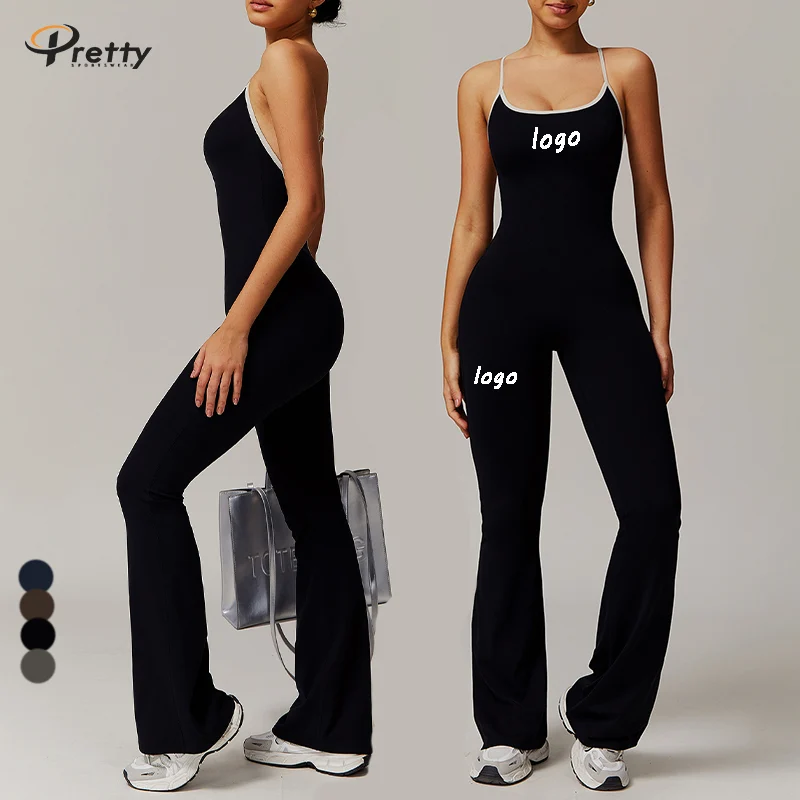One-piece Yoga Jumpsuit Women's Flared Pants Fitness Breathable Bodysuit Sports Running Long Solid Color Sleeveless Jumpsuit
