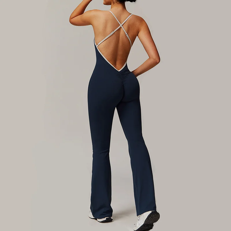 One-piece Yoga Jumpsuit Women's Flared Pants Fitness Breathable Bodysuit Sports Running Long Solid Color Sleeveless Jumpsuit