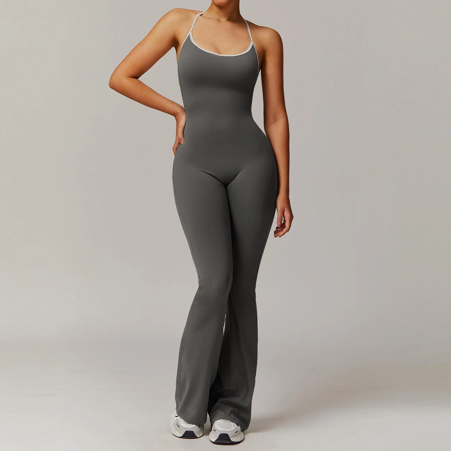 One-piece Yoga Jumpsuit Women's Flared Pants Fitness Breathable Bodysuit Sports Running Long Solid Color Sleeveless Jumpsuit
