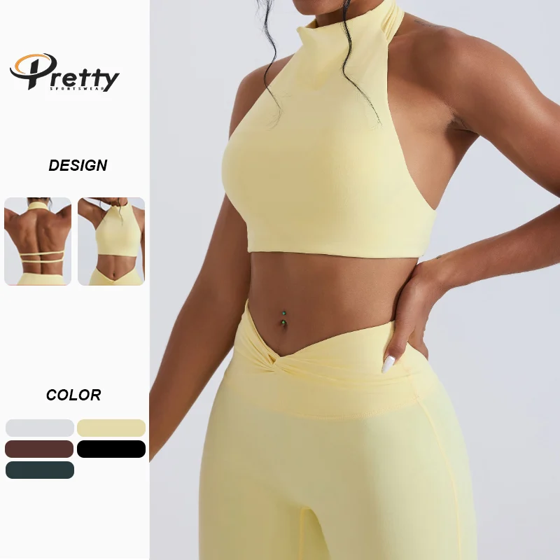 New High Neck Women Yoga Tank Quick Dry with Built-in Bra Pad Skin Friendly Shockproof Fitness Workout Gym Breathable Sports Bra
