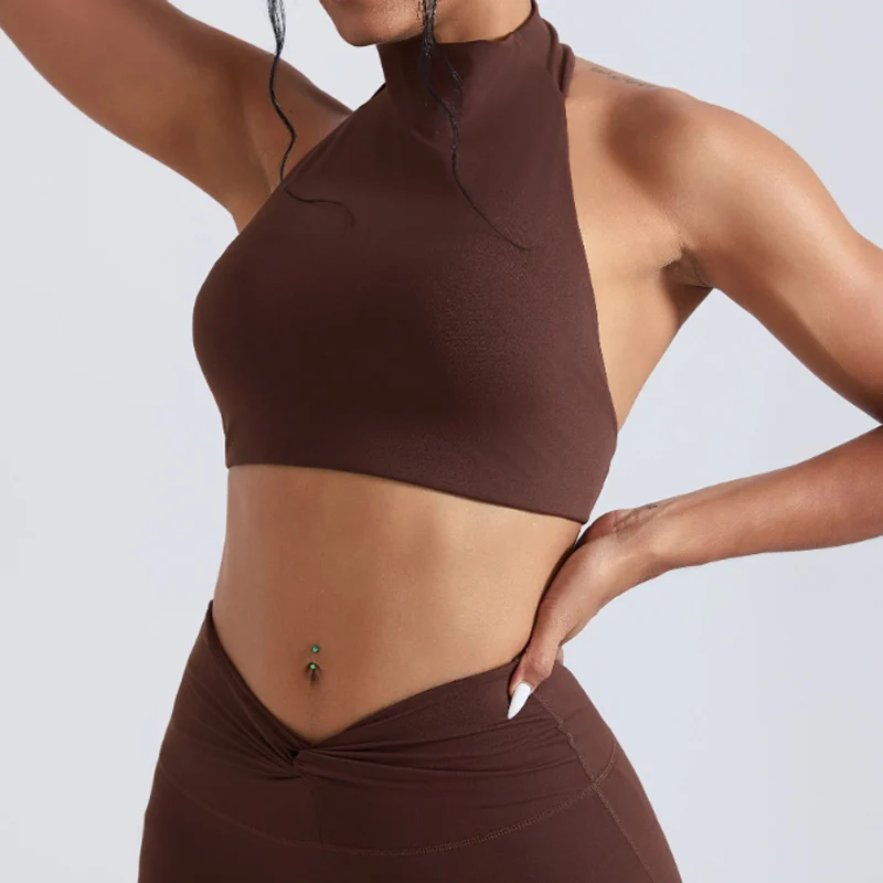 New High Neck Women Yoga Tank Quick Dry with Built-in Bra Pad Skin Friendly Shockproof Fitness Workout Gym Breathable Sports Bra