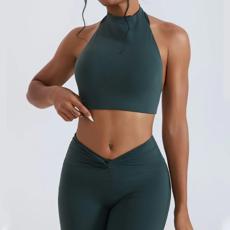 New High Neck Women Yoga Tank Quick Dry with Built-in Bra Pad Skin Friendly Shockproof Fitness Workout Gym Breathable Sports Bra