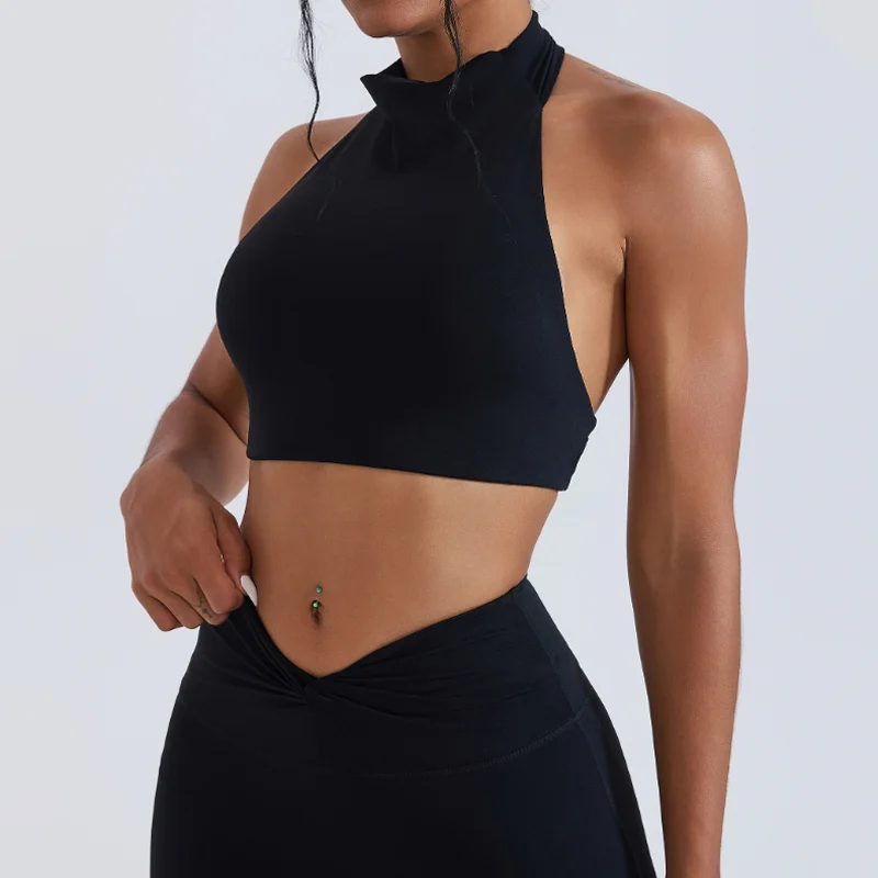 New High Neck Women Yoga Tank Quick Dry with Built-in Bra Pad Skin Friendly Shockproof Fitness Workout Gym Breathable Sports Bra