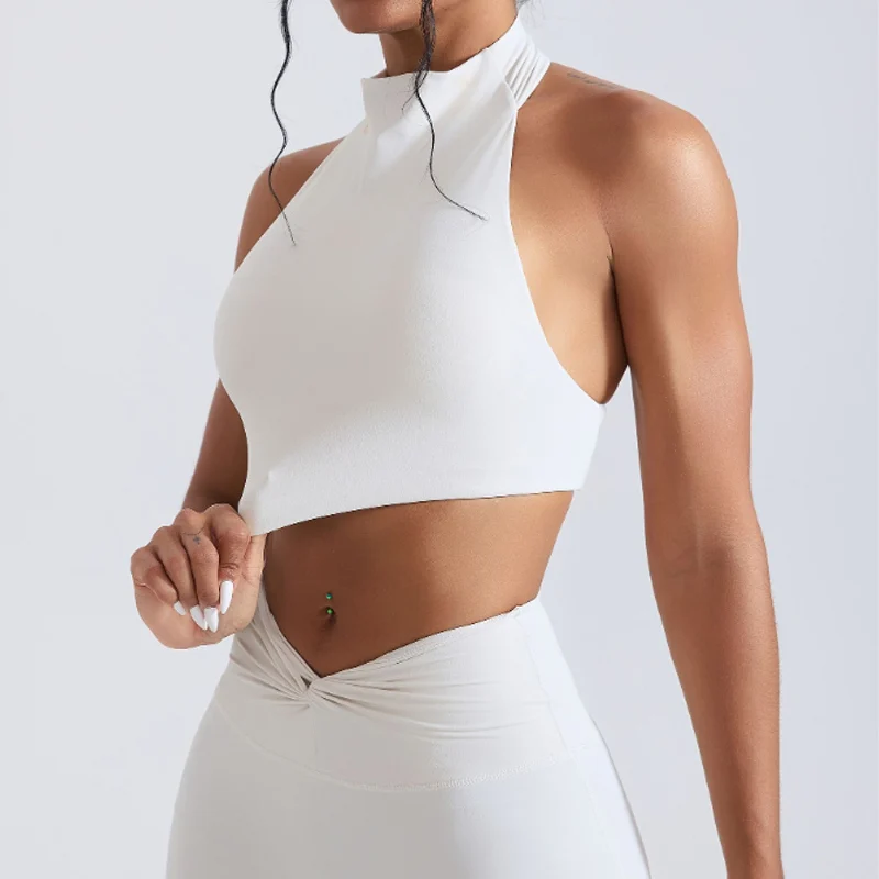 New High Neck Women Yoga Tank Quick Dry with Built-in Bra Pad Skin Friendly Shockproof Fitness Workout Gym Breathable Sports Bra