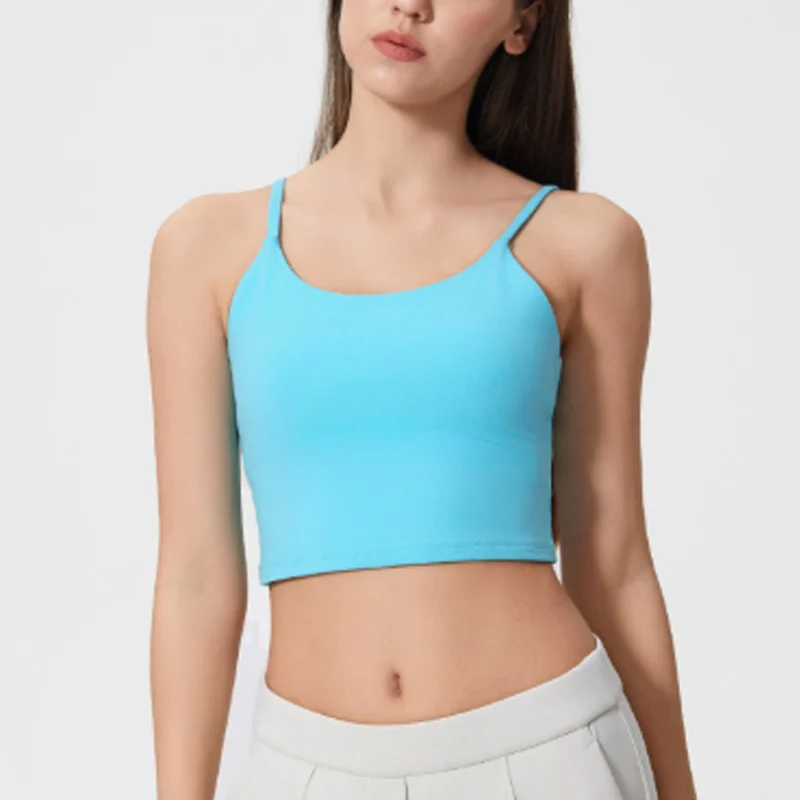 New Arrival Women Spaghetti Strap Built-in Bra Yoga Tank Top Breathable Quick Dry Super Elastic Lightweight Fitness Crop Top