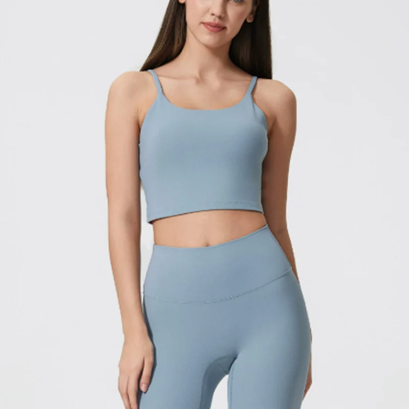 New Arrival Women Spaghetti Strap Built-in Bra Yoga Tank Top Breathable Quick Dry Super Elastic Lightweight Fitness Crop Top