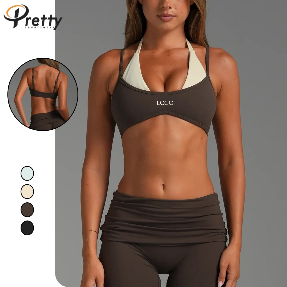 Women Contrasting Color Built-in Halter Yoga Bra Two-piece Design Running Gym Activewear Breathable High Support Beautiful Back