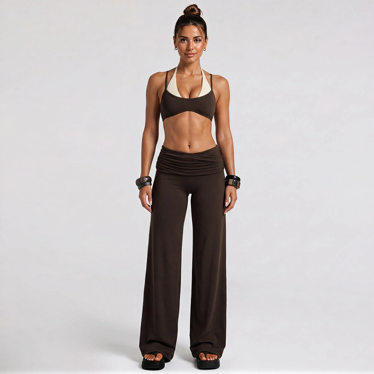 Women Contrasting Color Built-in Halter Yoga Bra Two-piece Design Running Gym Activewear Breathable High Support Beautiful Back