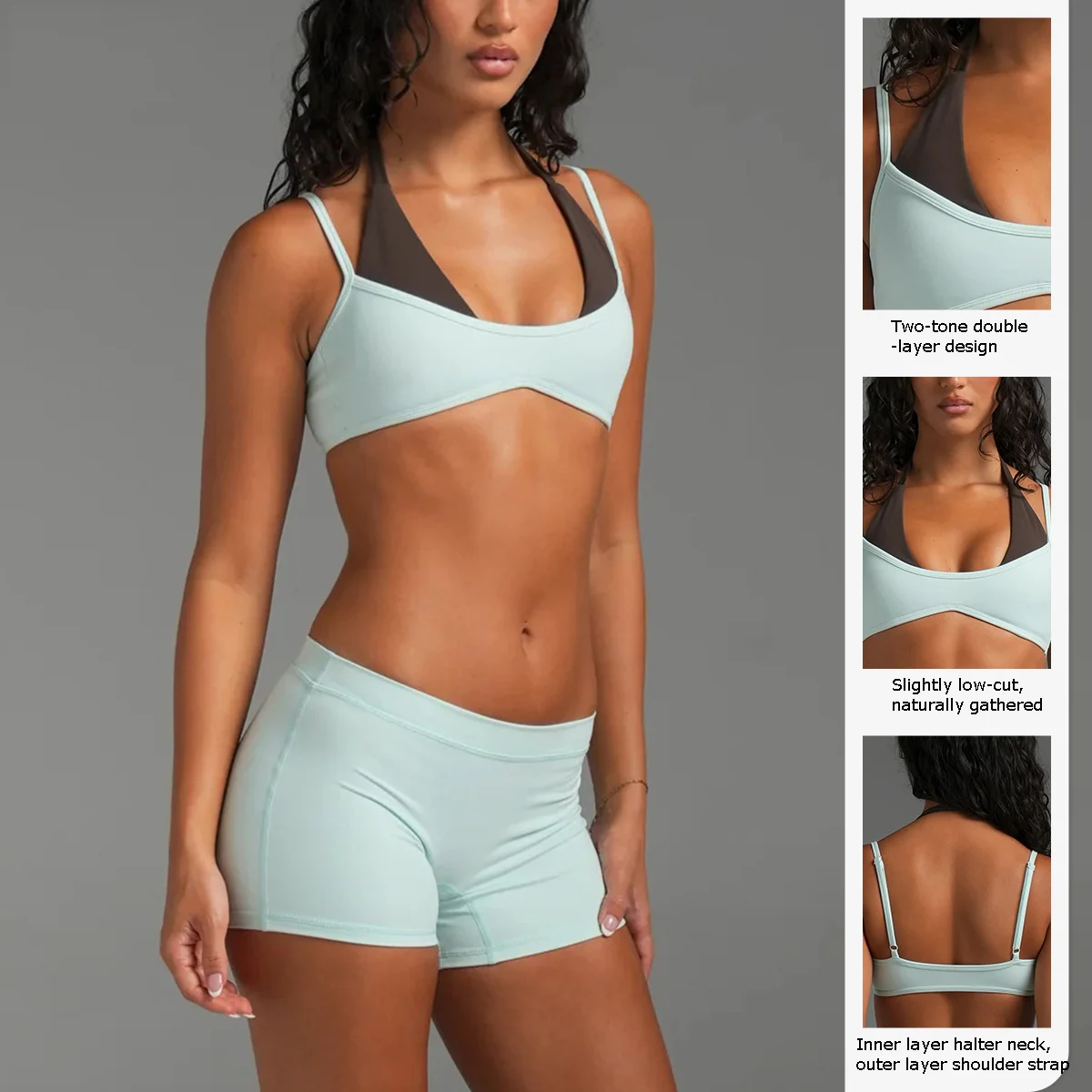 Women Contrasting Color Built-in Halter Yoga Bra Two-piece Design Running Gym Activewear Breathable High Support Beautiful Back
