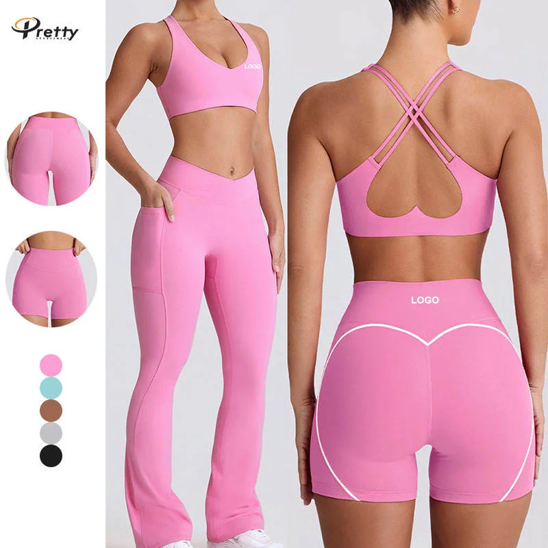 New Sports Yoga Set Cute Heart Bra Cross Back Sports Bra Outdoor Fitness Shorts Quick Drying Yoga Pants Yoga Leggings Set