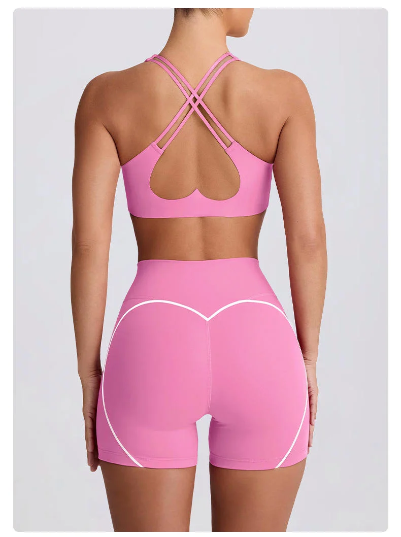 New Sports Yoga Set Cute Heart Bra Cross Back Sports Bra Outdoor Fitness Shorts Quick Drying Yoga Pants Yoga Leggings Set