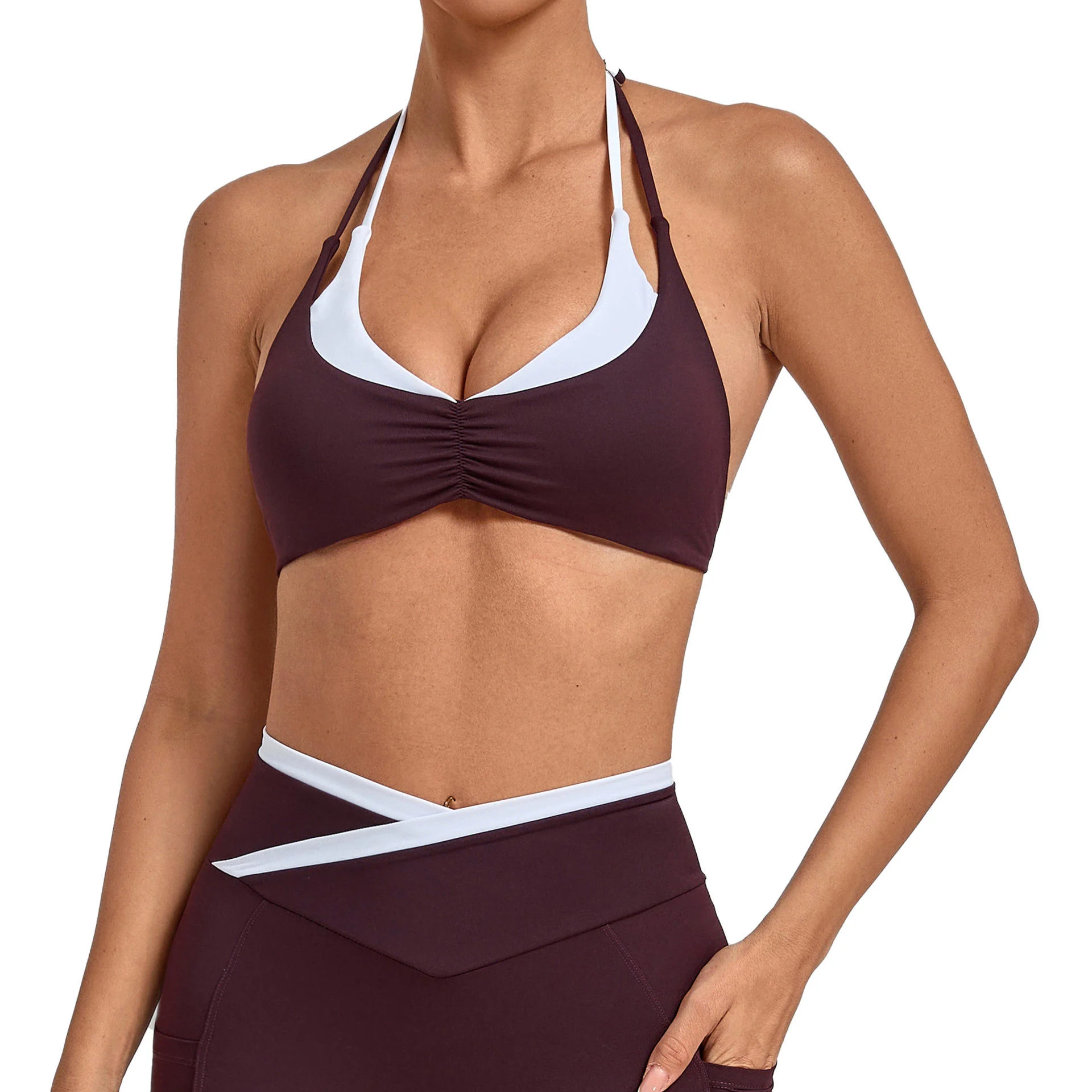 Contrast Color Bra Two-Piece Breathable High Support Halter Neck Tight-Fitting Color Blocking Sports Bra for Running Fitness