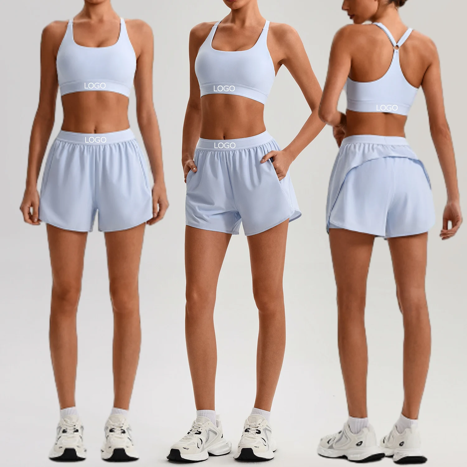 Wholesale Custom Logo 2-Piece Set High Waist Quick-Drying Sports Shoulder Strap Racerback Sports Bra High Waist Pocket Shorts