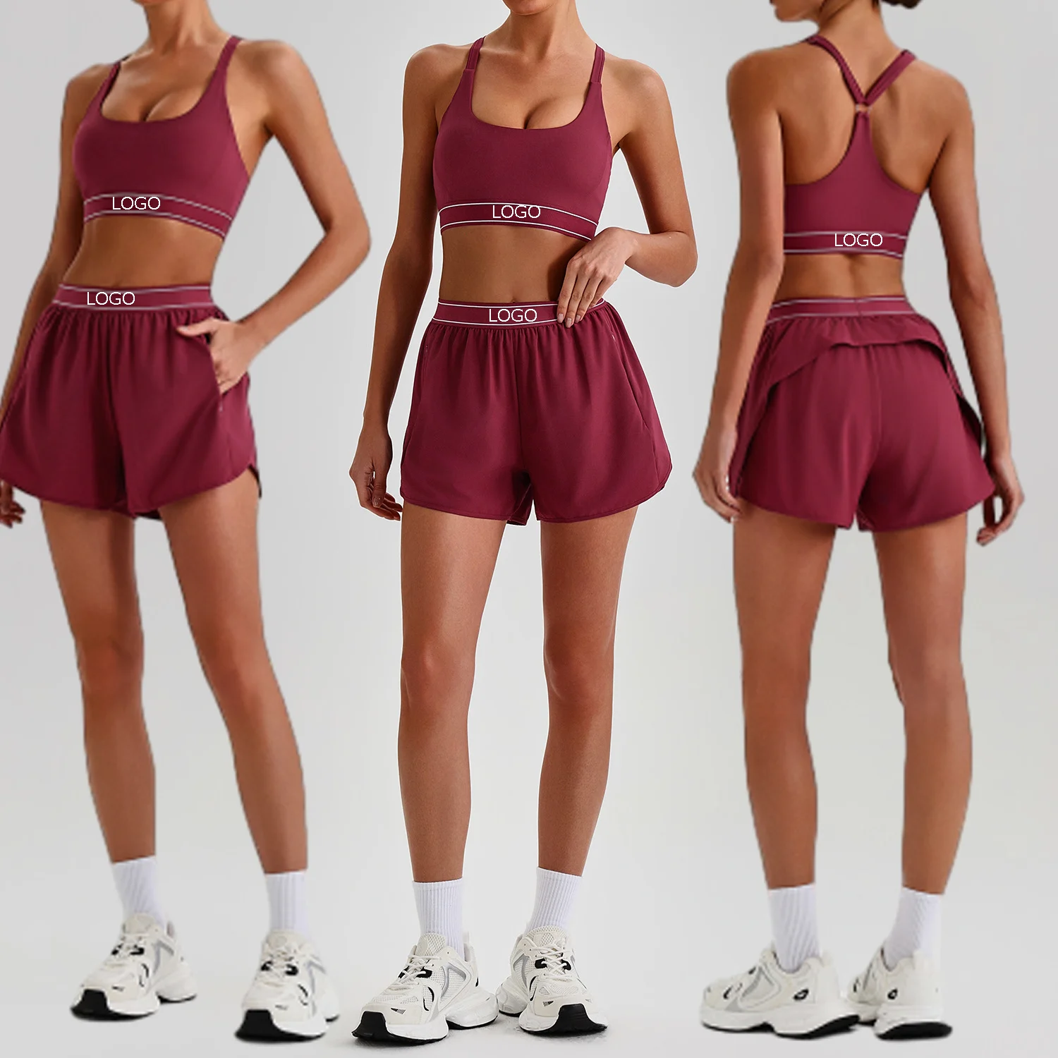Wholesale Custom Logo 2-Piece Set High Waist Quick-Drying Sports Shoulder Strap Racerback Sports Bra High Waist Pocket Shorts