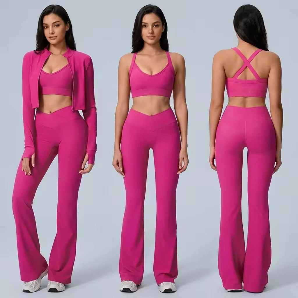 Custom 3PCS Yoga Set Womens Clothing Sexy Cross-Back Sports Bra Fitness Zipper Coat Flare Pants for Women Workout Gym Fitness