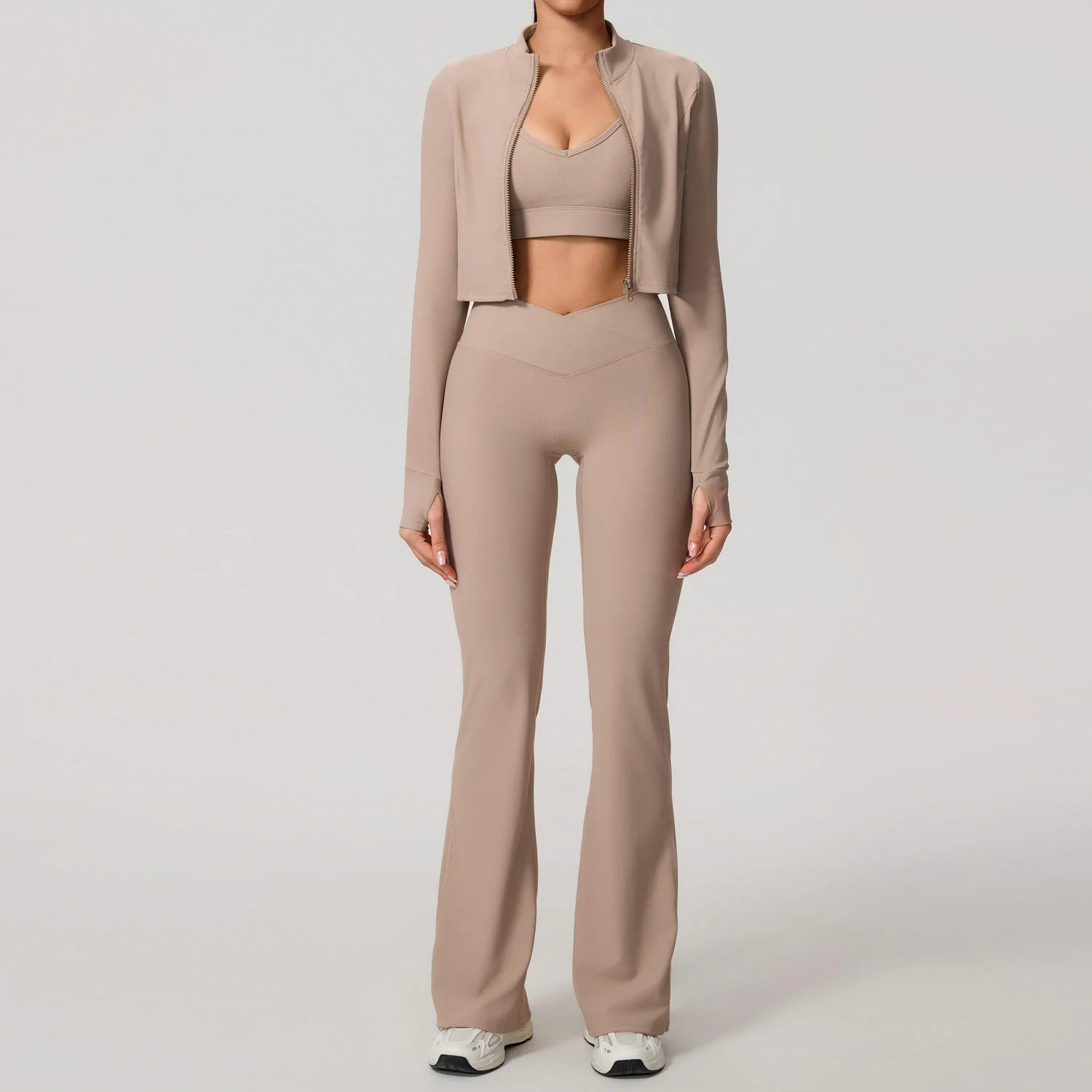 Custom 3PCS Yoga Set Womens Clothing Sexy Cross-Back Sports Bra Fitness Zipper Coat Flare Pants for Women Workout Gym Fitness