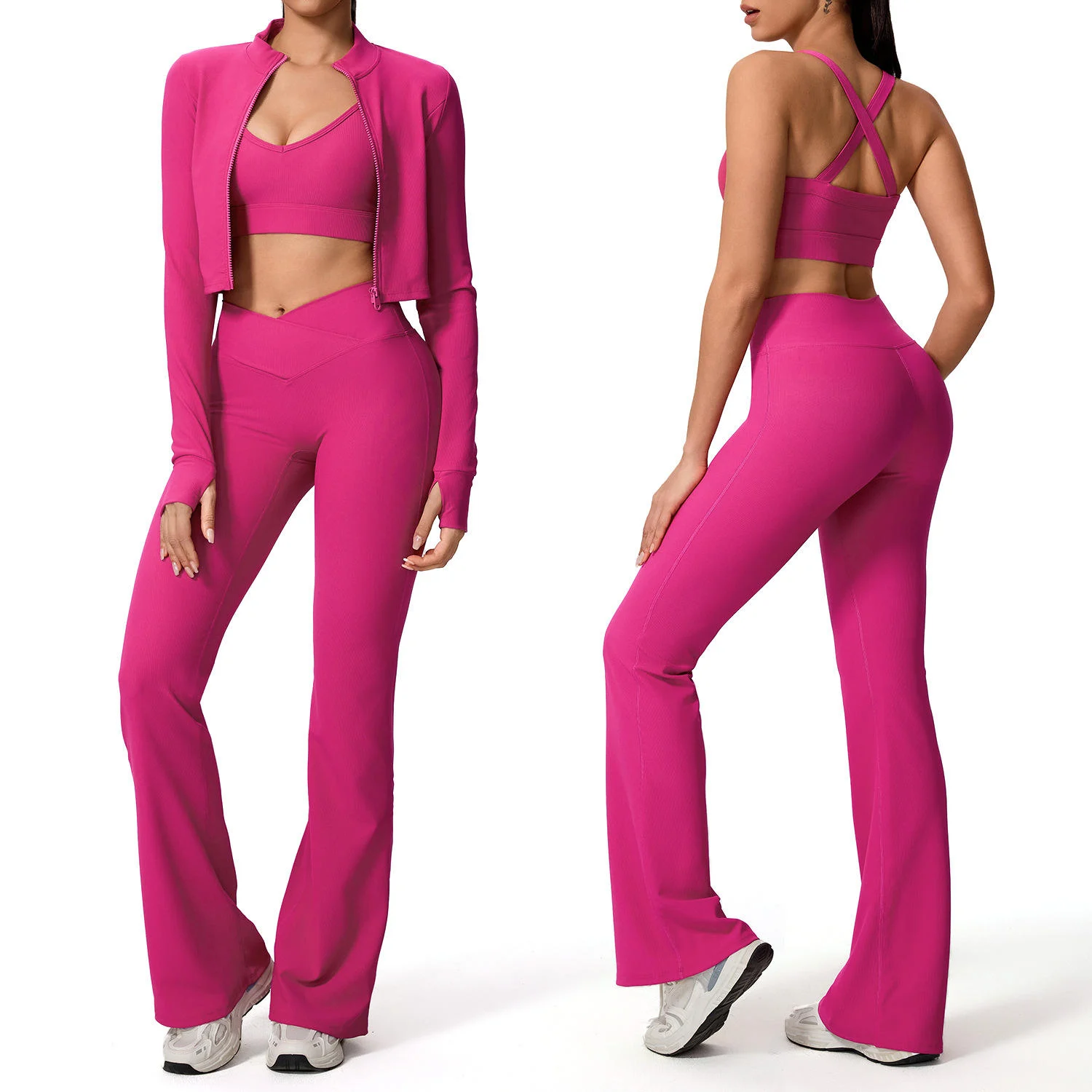 Custom 3PCS Yoga Set Womens Clothing Sexy Cross-Back Sports Bra Fitness Zipper Coat Flare Pants for Women Workout Gym Fitness