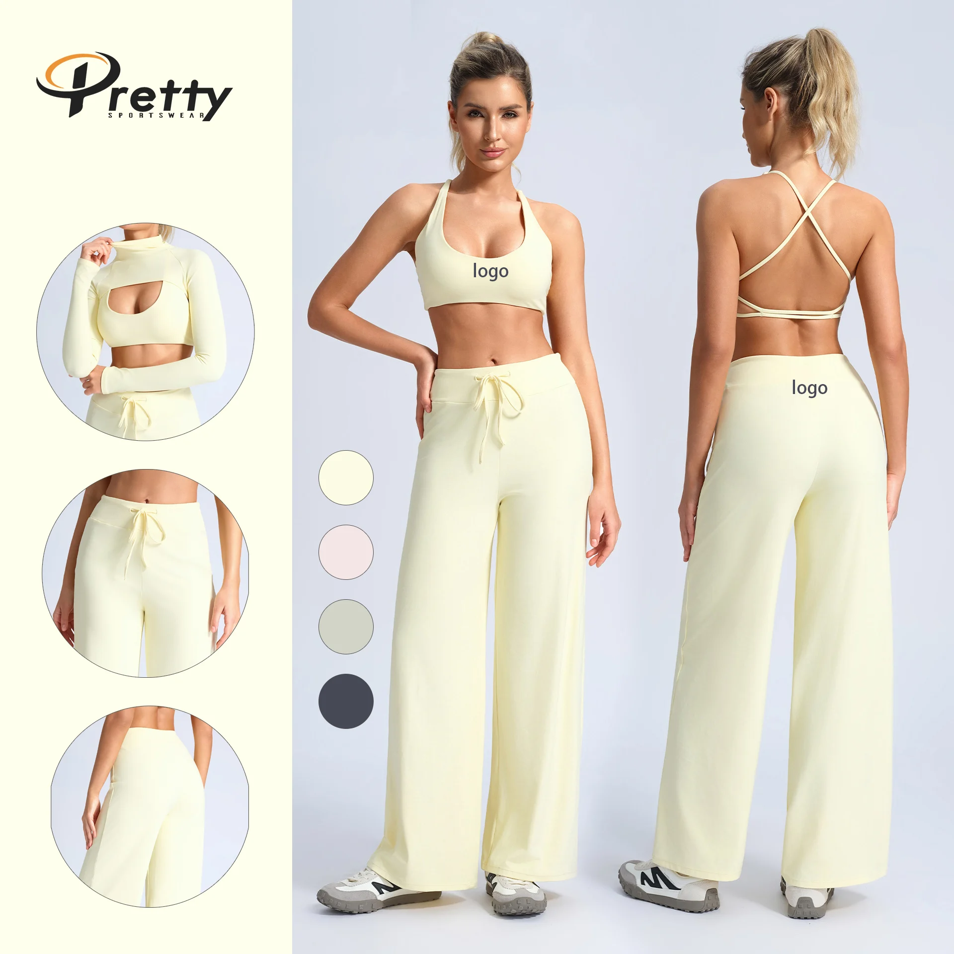 Wholesale 3 Pcs Yoga Set Solid Round Neck Quick Dry Sports Bra High Waisted Leggings for Women's Yoga Fitness Workouts