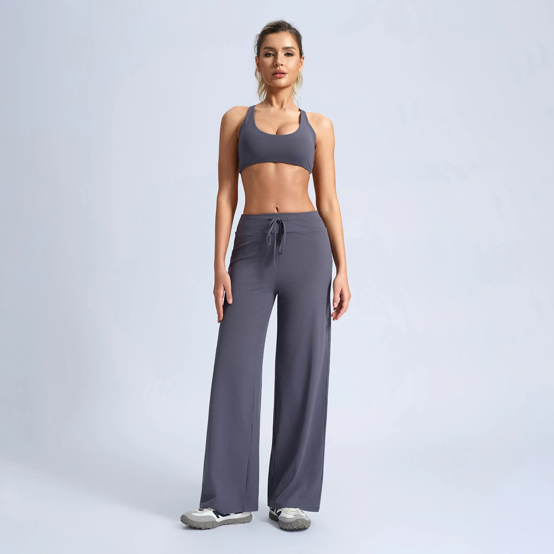 Wholesale 3 Pcs Yoga Set Solid Round Neck Quick Dry Sports Bra High Waisted Leggings for Women's Yoga Fitness Workouts