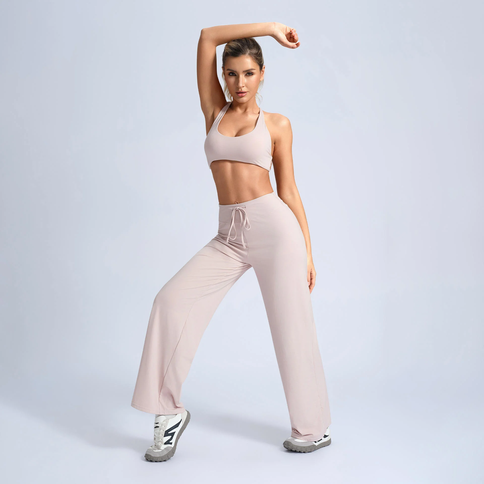 Wholesale 3 Pcs Yoga Set Solid Round Neck Quick Dry Sports Bra High Waisted Leggings for Women's Yoga Fitness Workouts