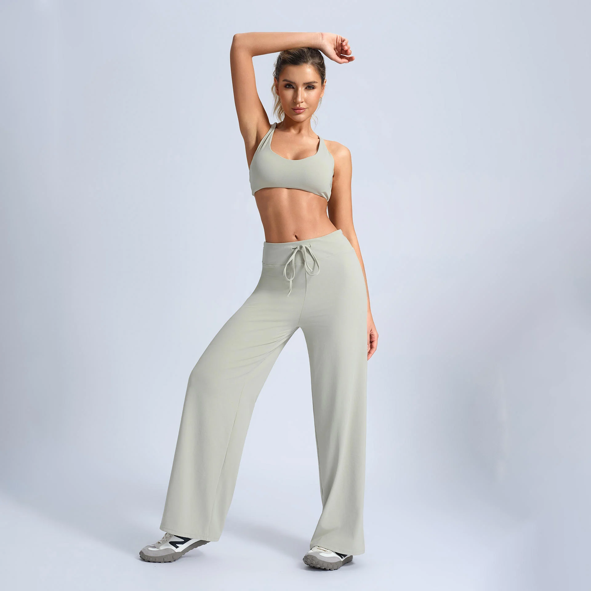 Wholesale 3 Pcs Yoga Set Solid Round Neck Quick Dry Sports Bra High Waisted Leggings for Women's Yoga Fitness Workouts