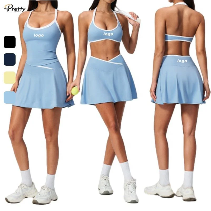Custom LOGO Women Sleeveless Tennis Wear 3 Pcs Set Pickleball Paddle Suit Women's Color Blocking Yoga Bra Waist V Shape Skirt