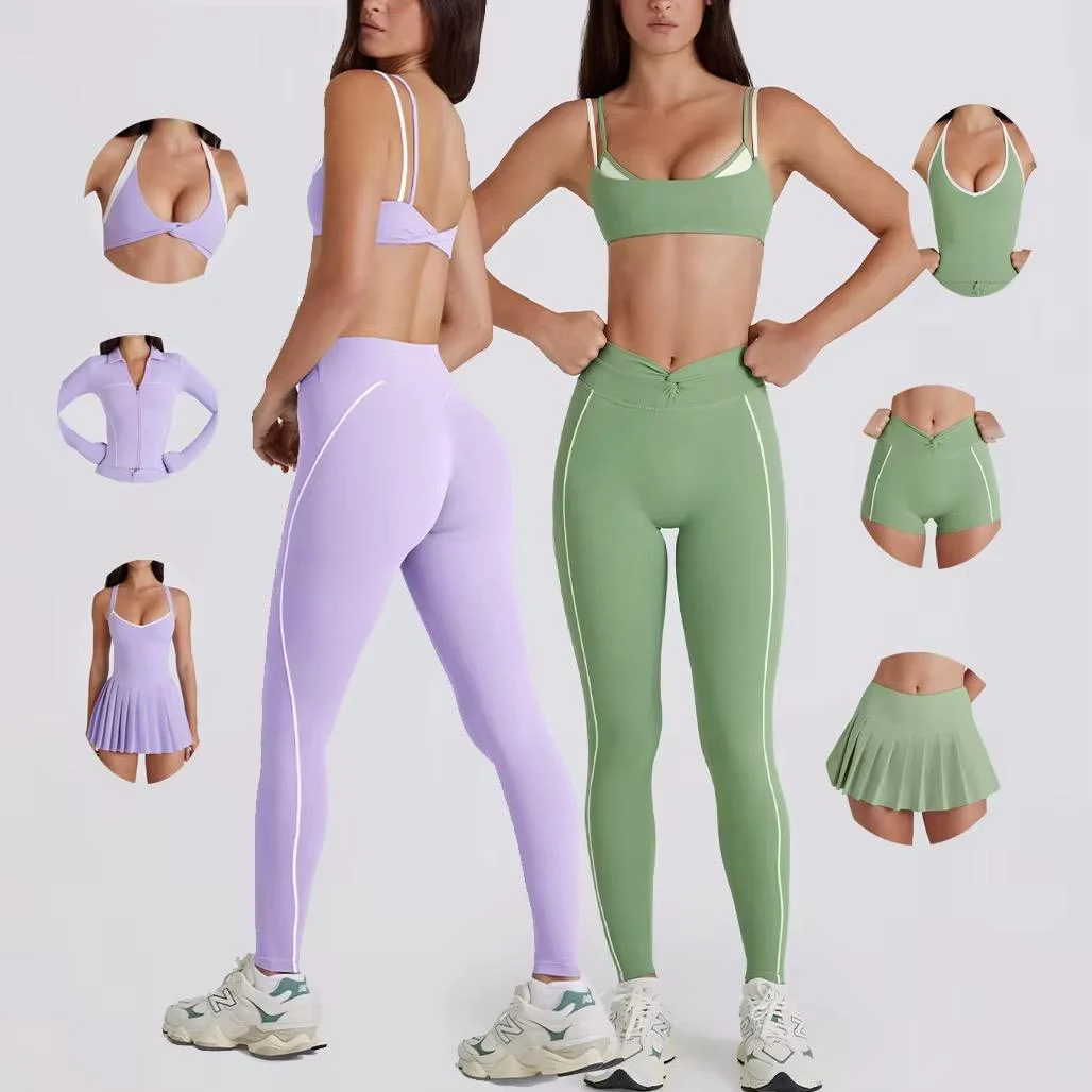 Custom Womens Clothing 6PCS Gym Fitness Sportswear Push up Sports Bra V-waist Yoga Leggings for Women Workout Athletic Wear