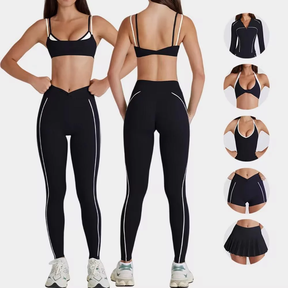 Custom Womens Clothing 6PCS Gym Fitness Sportswear Push up Sports Bra V-waist Yoga Leggings for Women Workout Athletic Wear